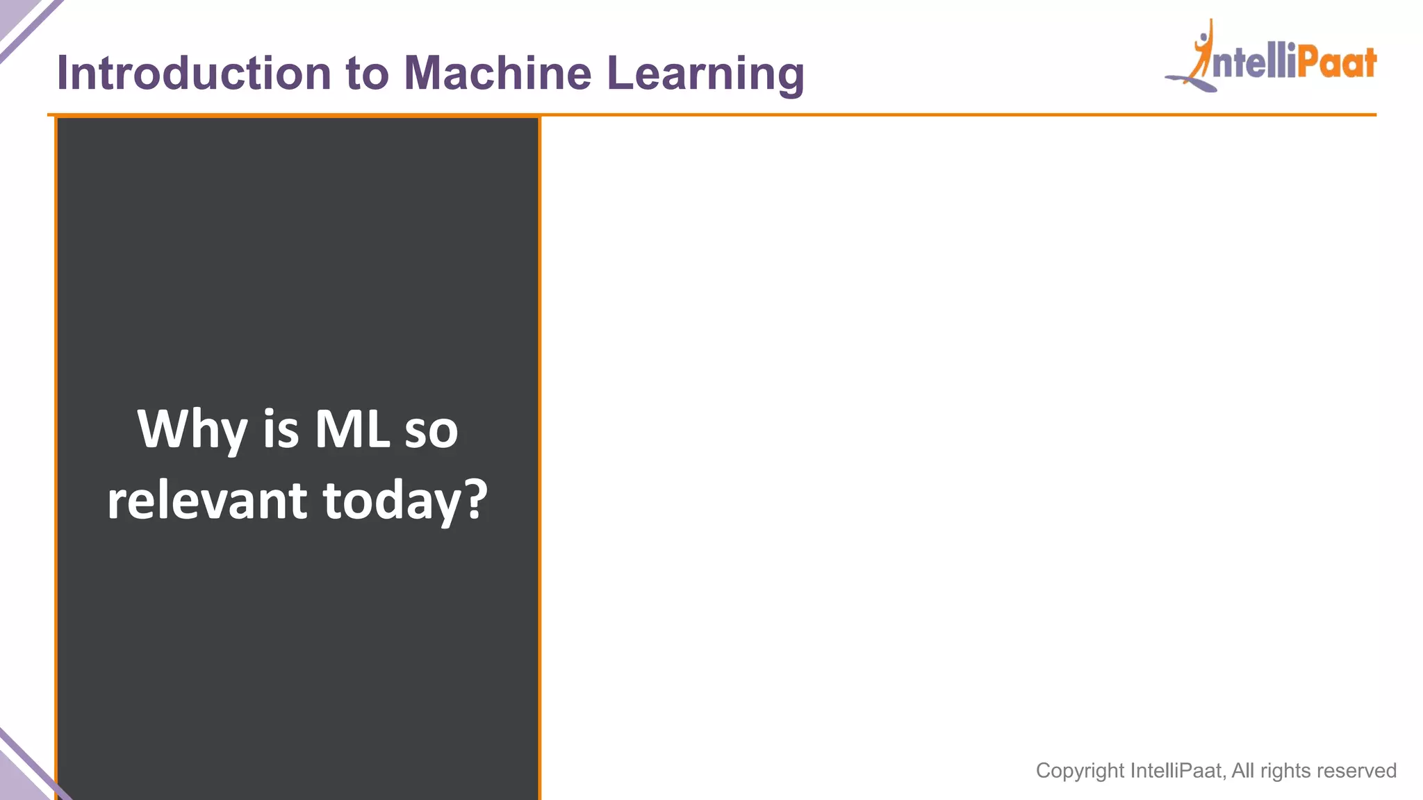 Copyright IntelliPaat, All rights reserved
Introduction to Machine Learning
Why is ML so
relevant today?
 