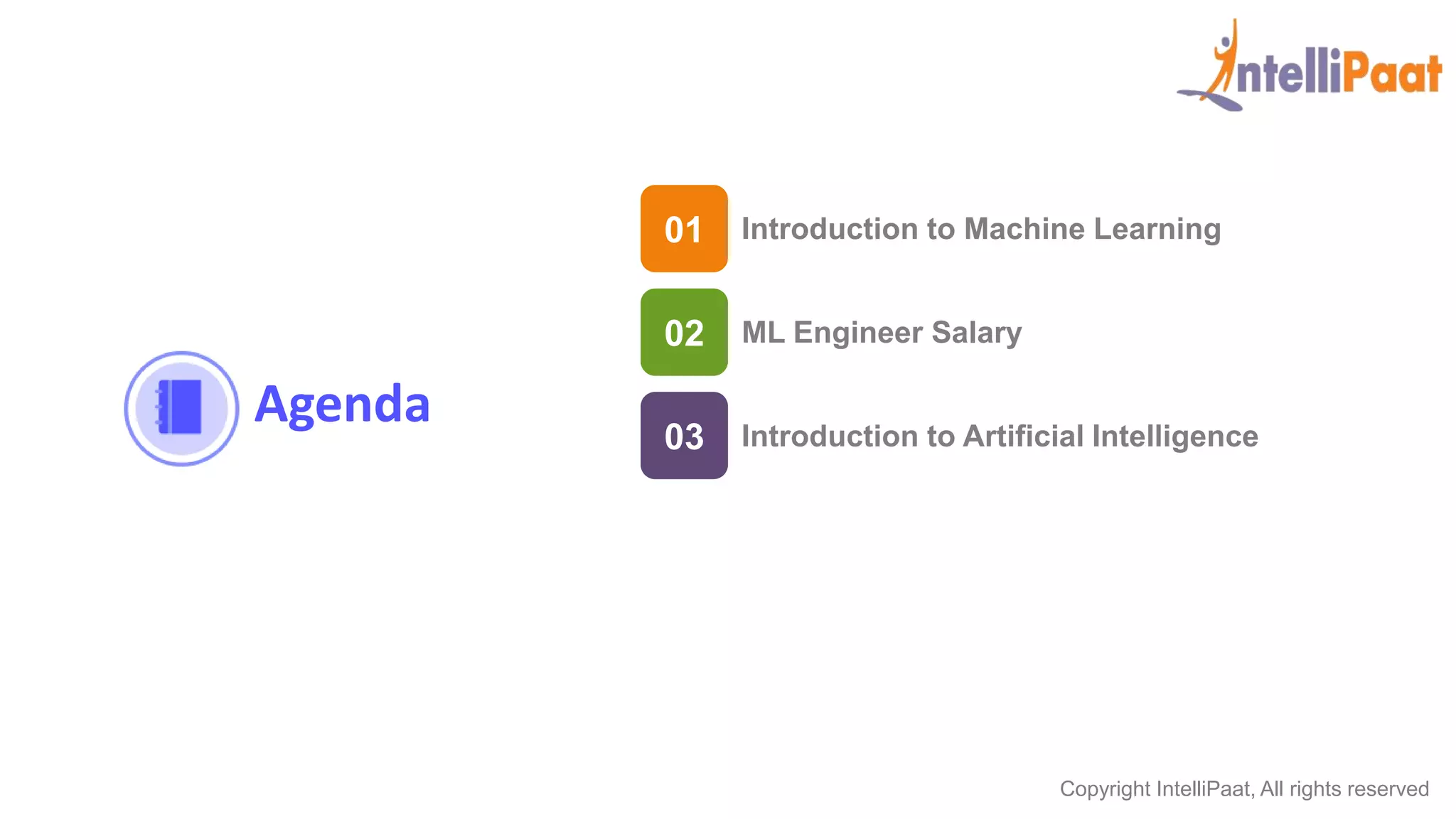 Copyright IntelliPaat, All rights reserved
Agenda
02 ML Engineer Salary
01 Introduction to Machine Learning
03 Introduction to Artificial Intelligence
 