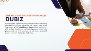 SEEK PROFESSIONAL ASSISTANCE FROM
DUBIZ
From choosing a business location to securing the necessary
approvals from specific authorities, our industry experts will
help you set up your cloud kitchen Dubai without any worries.
With strategic planning and professional guidance, we will help
you tap into this thriving market and kick-start a successful
culinary venture in the heart of the Emirate.
 