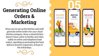 Generating Online
Orders &
Marketing
Once you’ve set up the kitchen and staff,
generate online orders for your cloud
kitchen company. Since a cloud kitchen
doesn’t have a dine-in facility and relies
solely on online and telephone food
orders, spending on promoting the food
delivery brand is important, at least in
the initial days.
05
 