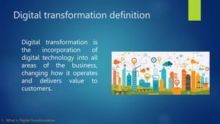 Digital transformation definition
Digital transformation is
the incorporation of
digital technology into all
areas of the business,
changing how it operates
and delivers value to
customers.
1. What is Digital Transformation
 