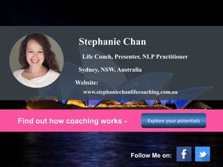 Stephanie Chan
Sydney, NSW, Australia
Life Coach, Presenter, NLP Practitioner
Website:
www.stephaniechanlifecoaching.com.a...