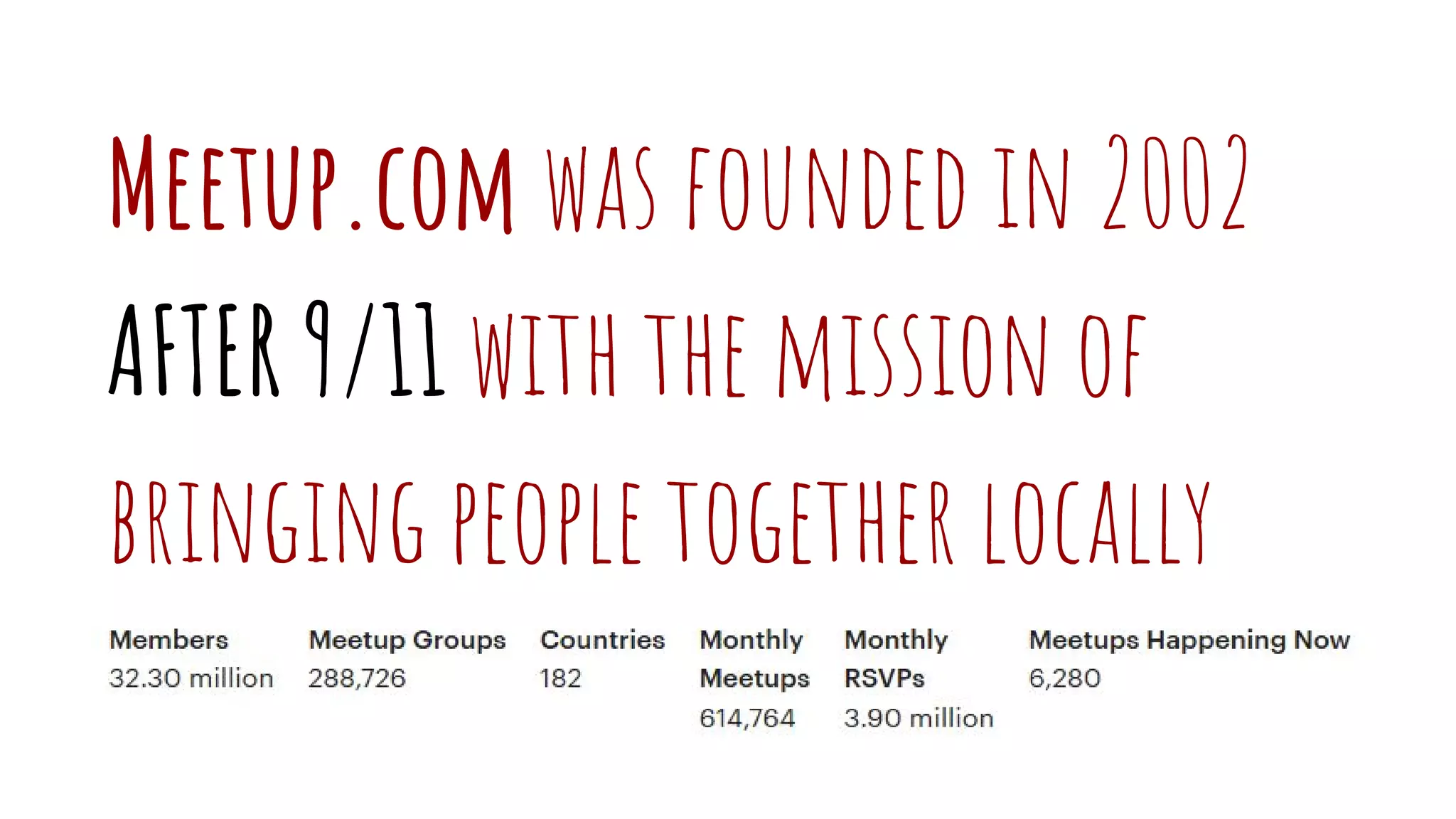 Meetup.com was founded in 2002
AFTER 9/11 with the mission of
bringing people together locally
 
