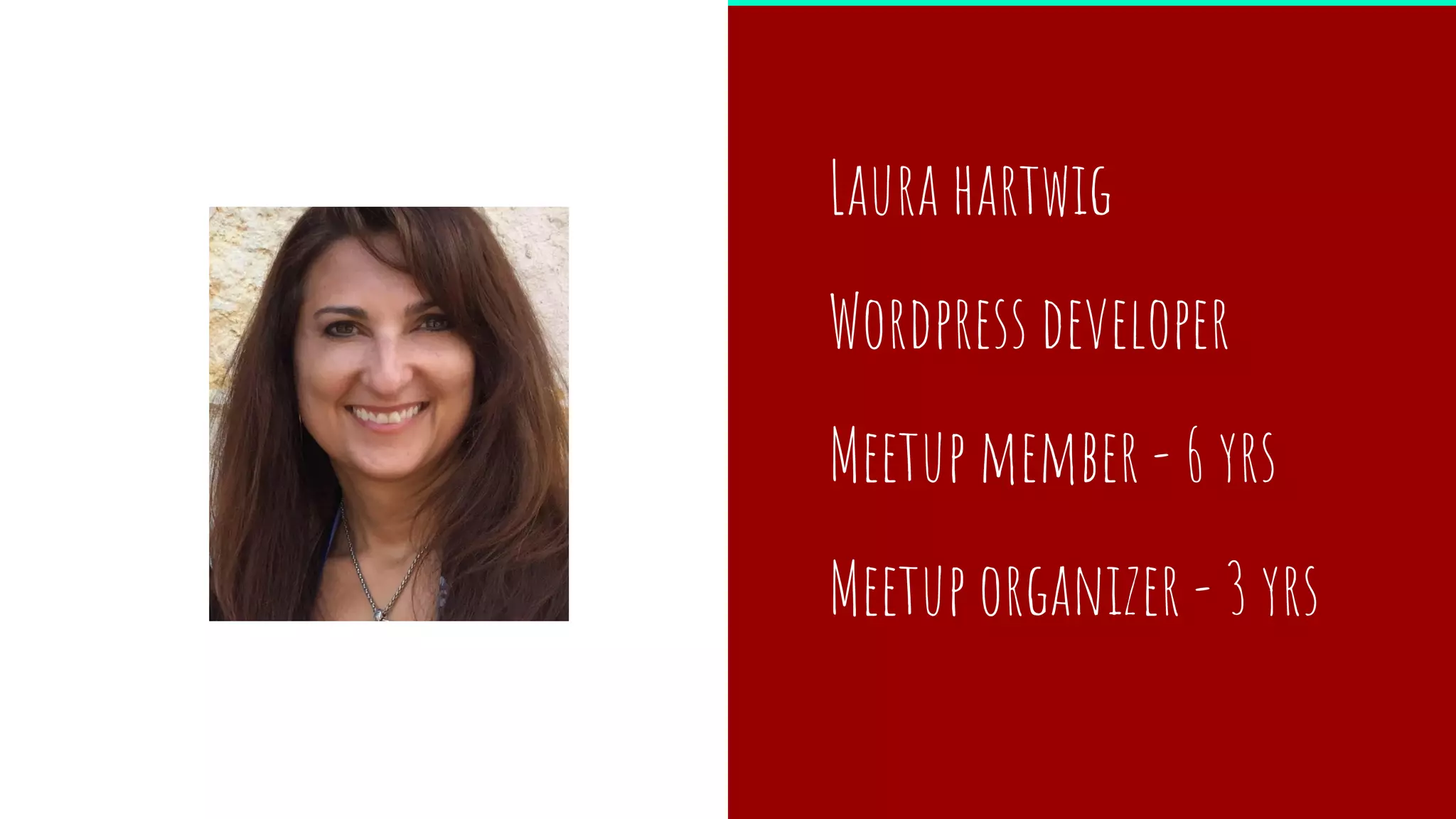 Laura hartwig
Wordpress developer
Meetup member - 6 yrs
Meetup organizer - 3 yrs
 