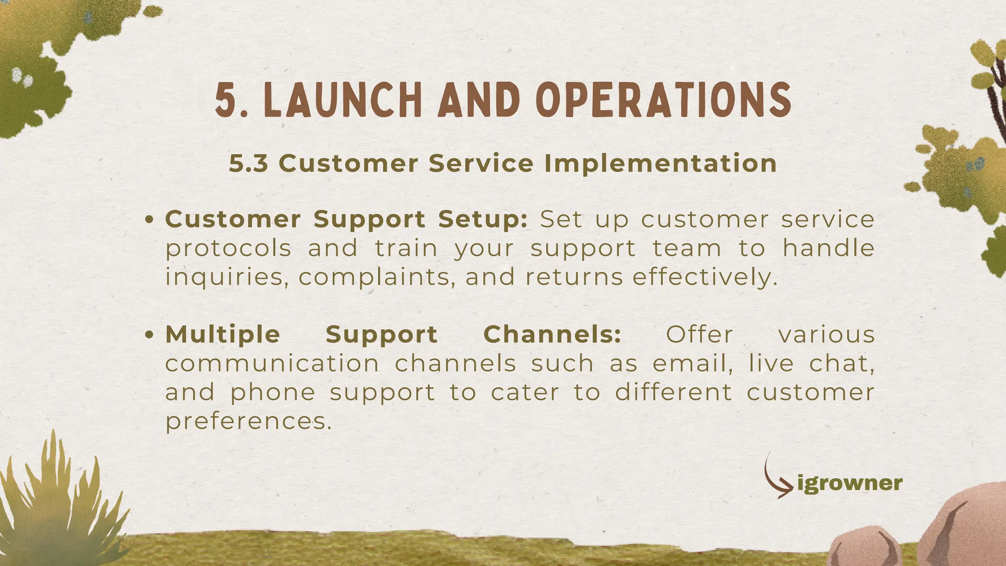 Customer Support Setup: Set up customer service
protocols and train your support team to handle
inquiries, complaints, and returns effectively.
Multiple Support Channels: Offer various
communication channels such as email, live chat,
and phone support to cater to different customer
preferences.
5. LAUNCH AND OPERATIONS
igrowner
5.3 Customer Service Implementation
 