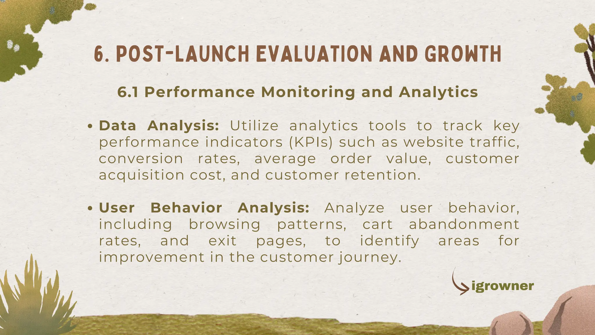Data Analysis: Utilize analytics tools to track key
performance indicators (KPIs) such as website traffic,
conversion rates, average order value, customer
acquisition cost, and customer retention.
User Behavior Analysis: Analyze user behavior,
including browsing patterns, cart abandonment
rates, and exit pages, to identify areas for
improvement in the customer journey.
6. POST-LAUNCH EVALUATION AND GROWTH
igrowner
6.1 Performance Monitoring and Analytics
 