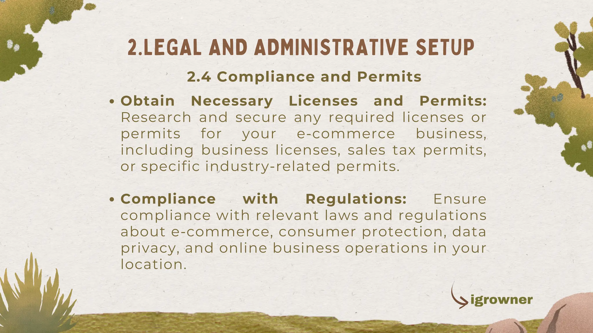 Obtain Necessary Licenses and Permits:
Research and secure any required licenses or
permits for your e-commerce business,
including business licenses, sales tax permits,
or specific industry-related permits.
Compliance with Regulations: Ensure
compliance with relevant laws and regulations
about e-commerce, consumer protection, data
privacy, and online business operations in your
location.
2.LEGAL AND ADMINISTRATIVE SETUP
2.4 Compliance and Permits
igrowner
 