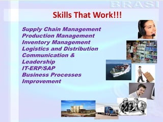 Skills That Work!!!
Supply Chain Management
Production Management
Inventory Management
Logistics and Distribution
Communication &
Leadership
IT-ERP/SAP
Business Processes
Improvement
 