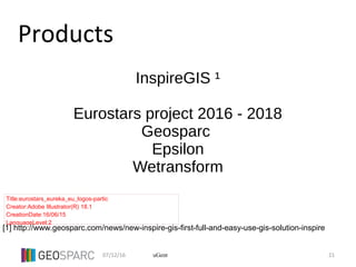 07/12/16 21uGent
Products
InspireGIS ¹
Eurostars project 2016 - 2018
Geosparc
Epsilon
Wetransform
[1] http://www.geosparc.com/news/new-inspire-gis-first-full-and-easy-use-gis-solution-inspire
Title:eurostars_eureka_eu_logos-partic
Creator:Adobe Illustrator(R) 18.1
CreationDate:16/06/15
LanguageLevel:2
 