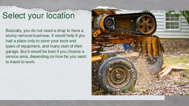 Basically, you do not need a shop to have a
stump removal business. It would help if you
had a place only to store your tools and
types of equipment, and many start of their
garage. But it would be best if you choose a
service area, depending on how far you want
to travel to work.
Select your location
 