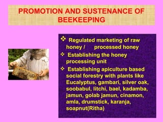 PROMOTION AND SUSTENANCE OF
BEEKEEPING
 Regulated marketing of raw
honey / processed honey
 Establishing the honey
processing unit
 Establishing apiculture based
social forestry with plants like
Eucalyptus, gambari, silver oak,
soobabul, litchi, bael, kadamba,
jamun, golab jamun, cinamon,
amla, drumstick, karanja,
soapnut(Ritha)
 