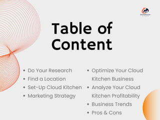Table of
Content
Do Your Research
Find a Location
Set-Up Cloud Kitchen
Marketing Strategy
Optimize Your Cloud
Kitchen Business
Analyze Your Cloud
Kitchen Profitability
Business Trends
Pros & Cons
 