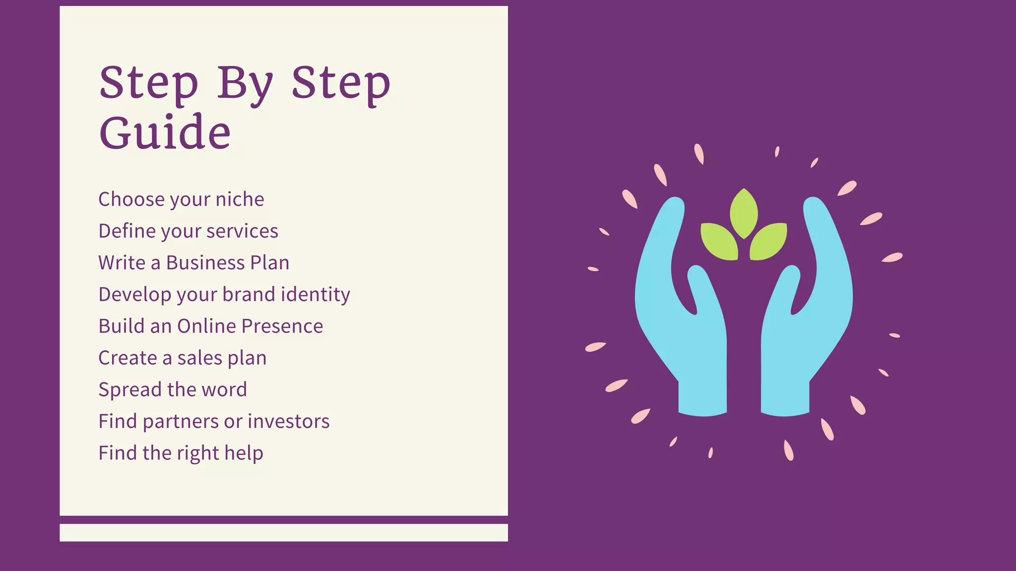 Choose your niche
Define your services
Write a Business Plan
Develop your brand identity
Build an Online Presence
Create a sales plan
Spread the word
Find partners or investors
Find the right help
Step By Step
Guide
 