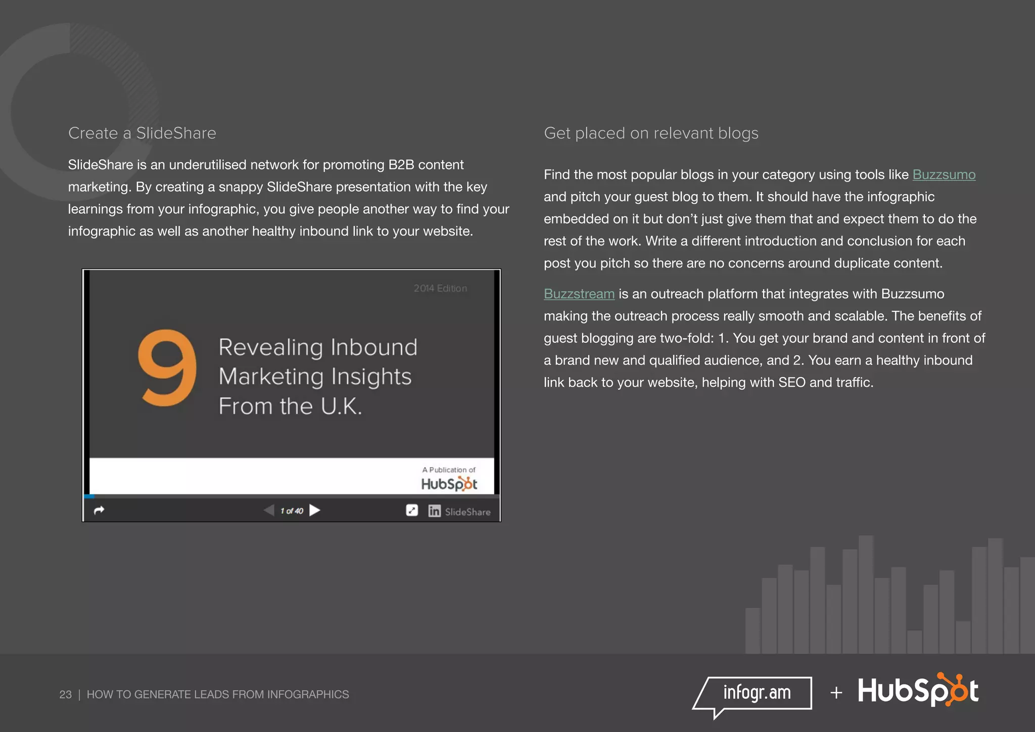 23 | HOW TO GENERATE LEADS FROM INFOGRAPHICS +
Create a SlideShare
SlideShare is an underutilised network for promoting B2B content
marketing. By creating a snappy SlideShare presentation with the key
learnings from your infographic, you give people another way to find your
infographic as well as another healthy inbound link to your website.
Get placed on relevant blogs
Find the most popular blogs in your category using tools like Buzzsumo
and pitch your guest blog to them. It should have the infographic
embedded on it but don’t just give them that and expect them to do the
rest of the work. Write a different introduction and conclusion for each
post you pitch so there are no concerns around duplicate content.
Buzzstream is an outreach platform that integrates with Buzzsumo
making the outreach process really smooth and scalable. The benefits of
guest blogging are two-fold: 1. You get your brand and content in front of
a brand new and qualified audience, and 2. You earn a healthy inbound
link back to your website, helping with SEO and traffic.
 