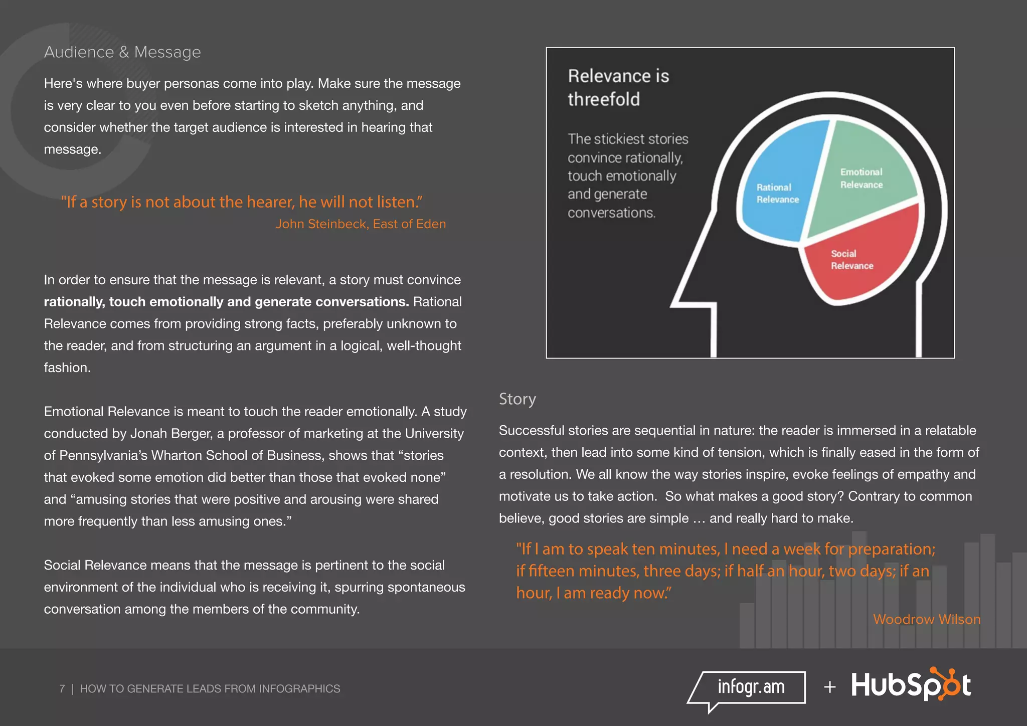 7 | HOW TO GENERATE LEADS FROM INFOGRAPHICS +
Audience & Message
Here's where buyer personas come into play. Make sure the message
is very clear to you even before starting to sketch anything, and
consider whether the target audience is interested in hearing that
message.
"If a story is not about the hearer, he will not listen.”
John Steinbeck, East of Eden
In order to ensure that the message is relevant, a story must convince
rationally, touch emotionally and generate conversations. Rational
Relevance comes from providing strong facts, preferably unknown to
the reader, and from structuring an argument in a logical, well-thought
fashion.
Emotional Relevance is meant to touch the reader emotionally. A study
conducted by Jonah Berger, a professor of marketing at the University
of Pennsylvania’s Wharton School of Business, shows that “stories
that evoked some emotion did better than those that evoked none”
and “amusing stories that were positive and arousing were shared
more frequently than less amusing ones.”
Social Relevance means that the message is pertinent to the social
environment of the individual who is receiving it, spurring spontaneous
conversation among the members of the community.	
Story
Successful stories are sequential in nature: the reader is immersed in a relatable
context, then lead into some kind of tension, which is finally eased in the form of
a resolution. We all know the way stories inspire, evoke feelings of empathy and
motivate us to take action. So what makes a good story? Contrary to common
believe, good stories are simple … and really hard to make.
"If I am to speak ten minutes, I need a week for preparation;
if fifteen minutes, three days; if half an hour, two days; if an
hour, I am ready now.”
Woodrow Wilson
 
