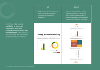13 | HOW TO GENERATE LEADS FROM INFOGRAPHICS
And finally, most people
are likelier to remember
information when they
combine motor cognition with
visual cognition. Help them by
providing them the opportunity
to interact with your content.
DO DON’T
»» Engage readers by combining several
charts into one, taking advantage
of tools that add interactivity to
infographics.
»» Make long infographics that are hard to
share. Most readers won’t spend more
than 15 seconds on any given piece of
content, so give them as much information
as possible in as little space as necessary.
Survey:	e-commerce	in	Italy
Are	you	aware	of	any																
e-commerce	vendors	in	Italy?
How	long	have	you	been
shopping	online?
2015 2014
100
90
80
70
60
50
40
30
20
10
0
No Yes
26%
74%
2015 2014
2015
58.62%24.14%
17.24%
1	-	2	years 3	-	5	years above	5	years
Create	infographics
sdfgsdfgsdfg
Survey:	e-commerce	in	Italy
How	long	have	you	been	shopping	online?
n=2900
58.62%24.14%
17.24%
1	-	2	years 3	-	5	years Over	5	years
Are	you	aware	of	any	e-commerce	vendors	in	Italy?
100
80
60
40
20
0
No Yes
26%
74%
Which	of	these	features	on	a	website	would	retain	your	interest?
Integrated	chat
11
Product	review/ratings
19
Secured	online	transaction
27
User	feedback	section
11
What	payment	challenges	do	you	face	as	an	online	shopper?
none
security
card	not	accepted
other
complicated	transactions
The	survey	covered	all	regions	of	Italy
 
