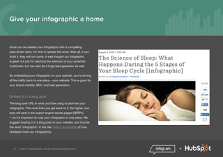 16 | HOW TO GENERATE LEADS FROM INFOGRAPHICS +
Once you’ve created your infographic with a compelling
data-driven story, it’s time to spread the word. After all, if you
build it, they will not come. A well thought out infographic
is great not just for catching the attention of your potential
customers, but can also be a huge lead generator as well.
By embedding your infographic on your website, you’re driving
all the traffic back to one place --your website. This is good for
your brand visibility, SEO, and lead generation.
Embed it in a blog post
The blog post URL is what you’ll be using to promote your
infographic. The more links you get back to it, the higher your
post will rank in the search engine results pages (SERPs)
-- so it’s important to host your infographic in one place. We
suggest hosting it in a blog post on your website, and include
the word ‘infographic’ in the title. Here’s an example of how
HubSpot hosts our infographics.
Give your infographic a home
 