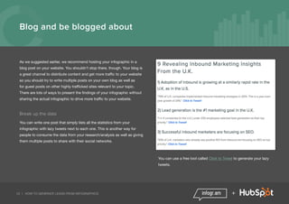22 | HOW TO GENERATE LEADS FROM INFOGRAPHICS +
Blog and be blogged about
As we suggested earlier, we recommend hosting your infographic in a
blog post on your website. You shouldn’t stop there, though. Your blog is
a great channel to distribute content and get more traffic to your website
so you should try to write multiple posts on your own blog as well as
for guest posts on other highly trafficked sites relevant to your topic.
There are lots of ways to present the findings of your infographic without
sharing the actual infographic to drive more traffic to your website.
Break up the data
You can write one post that simply lists all the statistics from your
infographic with lazy tweets next to each one. This is another way for
people to consume the data from your research/analysis as well as giving
them multiple posts to share with their social networks.
You can use a free tool called Click to Tweet to generate your lazy
tweets.
 