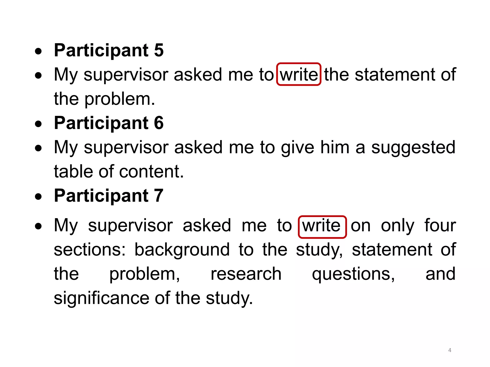  Participant 5
 My supervisor asked me to write the statement of
the problem.
 Participant 6
 My supervisor asked me to give him a suggested
table of content.
 Participant 7
 My supervisor asked me to write on only four
sections: background to the study, statement of
the problem, research questions, and
significance of the study.
4
 