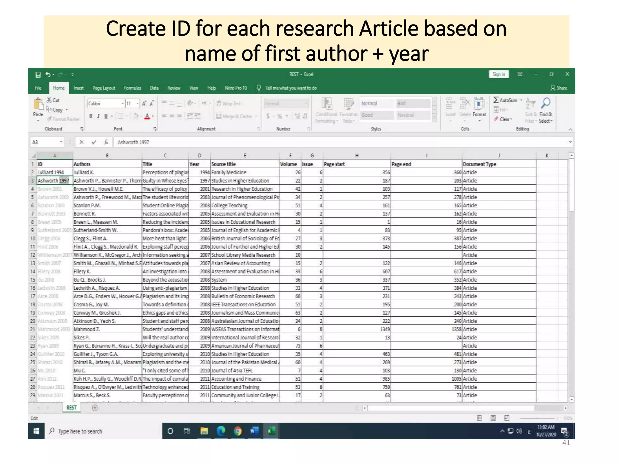 Create ID for each research Article based on
name of first author + year
41
 