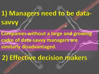 1) Managers need to be data-
savvy
2) Effective decision makers
 