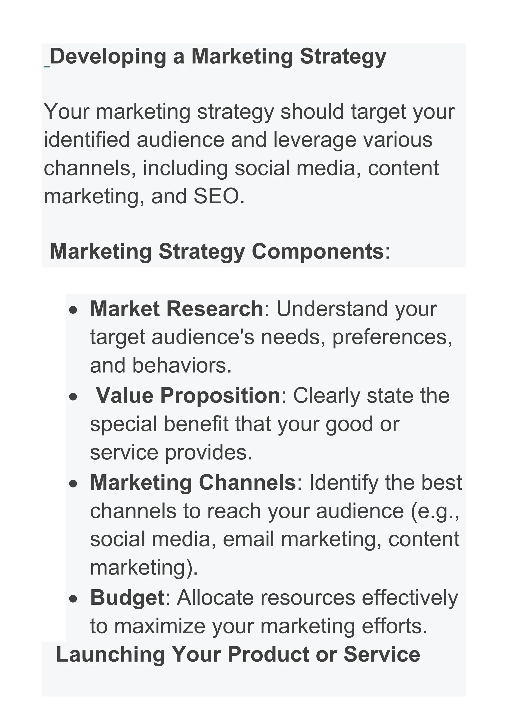 Developing a Marketing Strategy
Your marketing strategy should target your
identified audience and leverage various
channels, including social media, content
marketing, and SEO.
Marketing Strategy Components:
• Market Research: Understand your
target audience's needs, preferences,
and behaviors.
• Value Proposition: Clearly state the
special benefit that your good or
service provides.
• Marketing Channels: Identify the best
channels to reach your audience (e.g.,
social media, email marketing, content
marketing).
• Budget: Allocate resources effectively
to maximize your marketing efforts.
Launching Your Product or Service
 