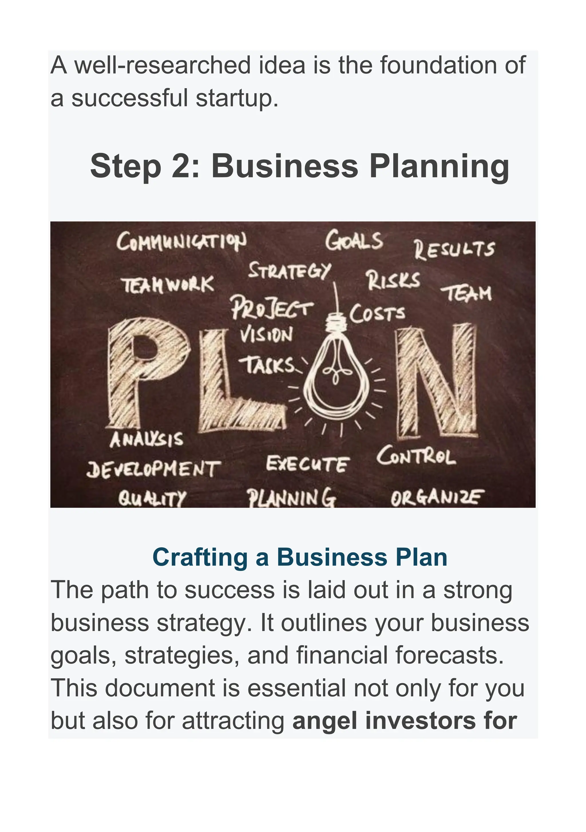 A well-researched idea is the foundation of
a successful startup.
Step 2: Business Planning
Crafting a Business Plan
The path to success is laid out in a strong
business strategy. It outlines your business
goals, strategies, and financial forecasts.
This document is essential not only for you
but also for attracting angel investors for
 
