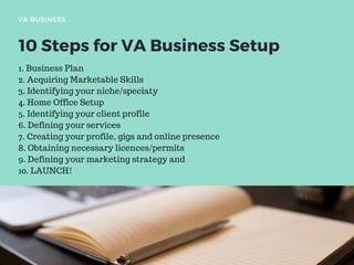 10 Steps for VA Business Setup
VA BUSINESS
1. Business Plan
2. Acquiring Marketable Skills
3. Identifying your niche/speciaty
4. Home Office Setup
5. Identifying your client profile
6. Defining your services
7. Creating your profile, gigs and online presence
8. Obtaining necessary licences/permits
9. Defining your marketing strategy and
10. LAUNCH!
 