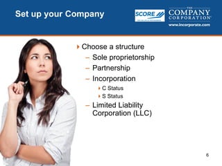 6
Set up your Company
Choose a structure
– Sole proprietorship
– Partnership
– Incorporation
C Status
S Status
– Limited Liability
Corporation (LLC)
 
