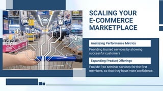 SCALING YOUR
E-COMMERCE
MARKETPLACE
Analyzing Performance Metrics
Providing trusted services by showing
successful customers
Expanding Product Offerings
Provide free seminar services for the first
members, so that they have more confidence.
 