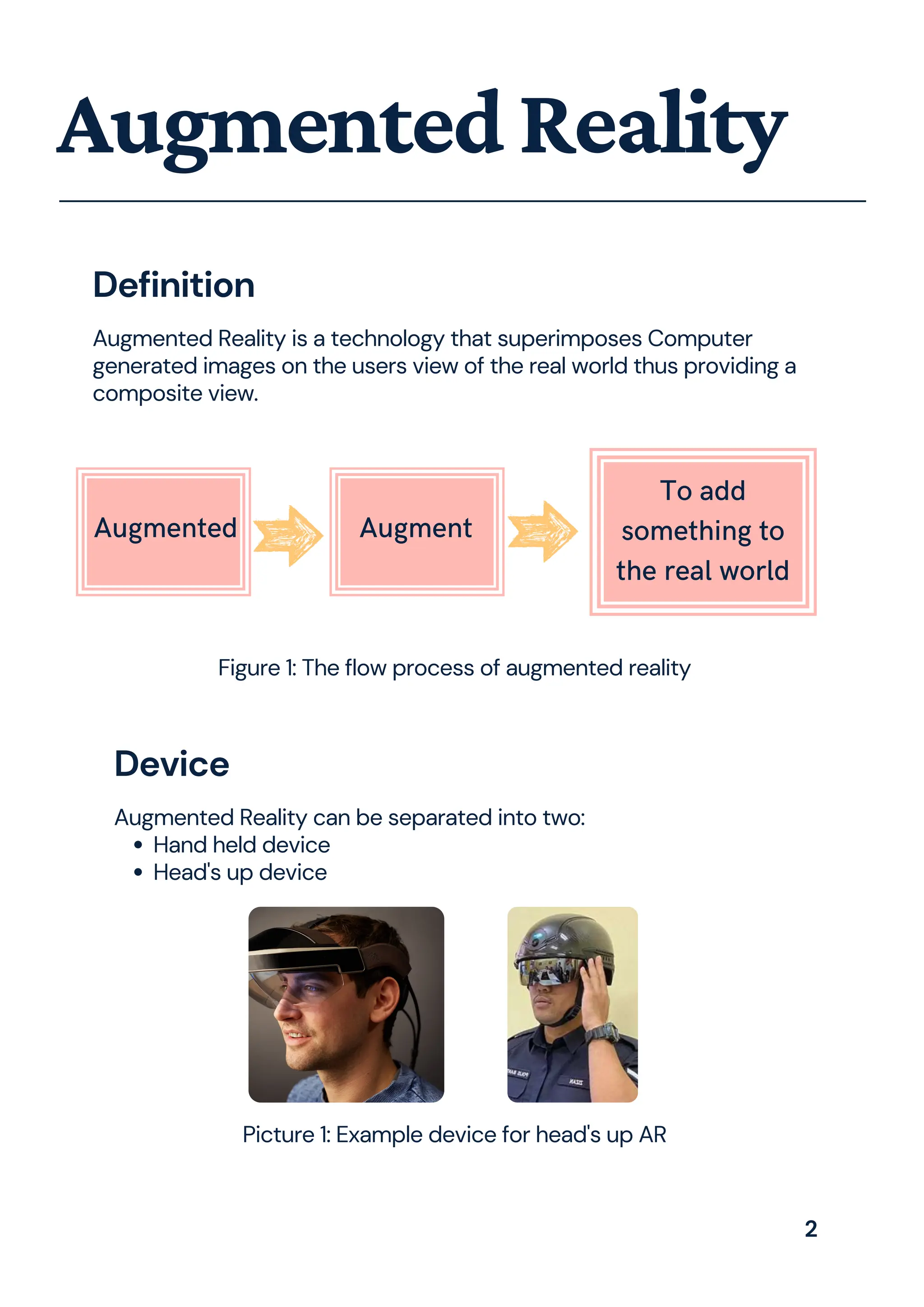 AugmentedReality
Augmented Reality is a technology that superimposes Computer
generated images on the users view of the real world thus providing a
composite view.
Definition
To add
something to
the real world
Augmented Augment
Hand held device
Head's up device
Augmented Reality can be separated into two:
Device
Figure 1: The flow process of augmented reality
Picture 1: Example device for head's up AR
2
 