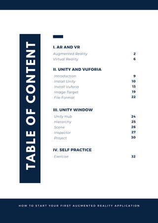 T
A
B
L
E
O
F
C
O
N
T
E
N
T
I. AR AND VR
Augmented Reality
Virtual Reality
2
6
II. UNITY AND VUFORIA
Introduction
Install Unity
Install Vuforia
Image Target
File Format
9
10
13
19
22
III. UNITY WINDOW
Unity Hub
Hierarchy
Scene
Inspector
Project
24
25
26
27
30
IV. SELF PRACTICE
Exercise 32
H O W T O S T A R T Y O U R F I R S T A U G M E N T E D R E A L I T Y A P P L I C A T I O N
 