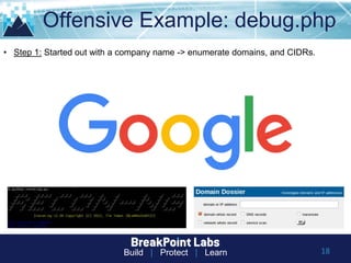 Build | Protect | Learn
Offensive Example: debug.php
18
• Step 1: Started out with a company name -> enumerate domains, and CIDRs.
 