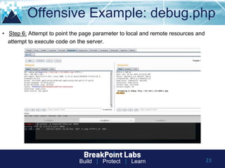 Build | Protect | Learn
Offensive Example: debug.php
23
• Step 6: Attempt to point the page parameter to local and remote resources and
attempt to execute code on the server.
 