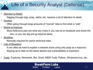 Build | Protect | Learn
Life of a Security Analyst (Defense)
25
• Attention to Detail:
Digging through logs, pcap, alerts, etc. requires a lot of attention to detail.
• Hunting:
Often going through large amounts of “normal” data to find what is “odd”.
• Desire to Improve:
Most Defensive jobs are what you make it, you can sit on facebook and check the
box, or you can dig and go beyond alerts.
• Scripting:
Normally required for senior technical roles.
• Lots of Research:
It can often be hard to explain a network event using only pcap as a resource.
Staying up to date on the latest attacks and vulnerabilities is important.
• Tools: Tcpdump, Wireshark, Bro, Snort, SIEM Tools, Python, Windows/Linux, etc.
 