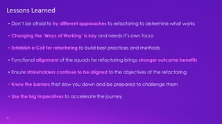 11
Lessons Learned
• Don’t be afraid to try different approaches to refactoring to determine what works
• Changing the ‘Ways of Working’ is key and needs it’s own focus
• Establish a CoE for refactoring to build best practices and methods
• Functional alignment of the squads for refactoring brings stronger outcome benefits
• Ensure stakeholders continue to be aligned to the objectives of the refactoring
• Know the barriers that slow you down and be prepared to challenge them
• Use the big imperatives to accelerate the journey
 