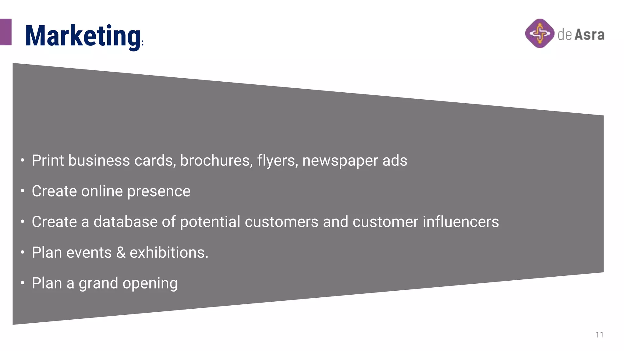 • Print business cards, brochures, flyers, newspaper ads
• Create online presence
• Create a database of potential customers and customer influencers
• Plan events & exhibitions.
• Plan a grand opening
11
Marketing:
 