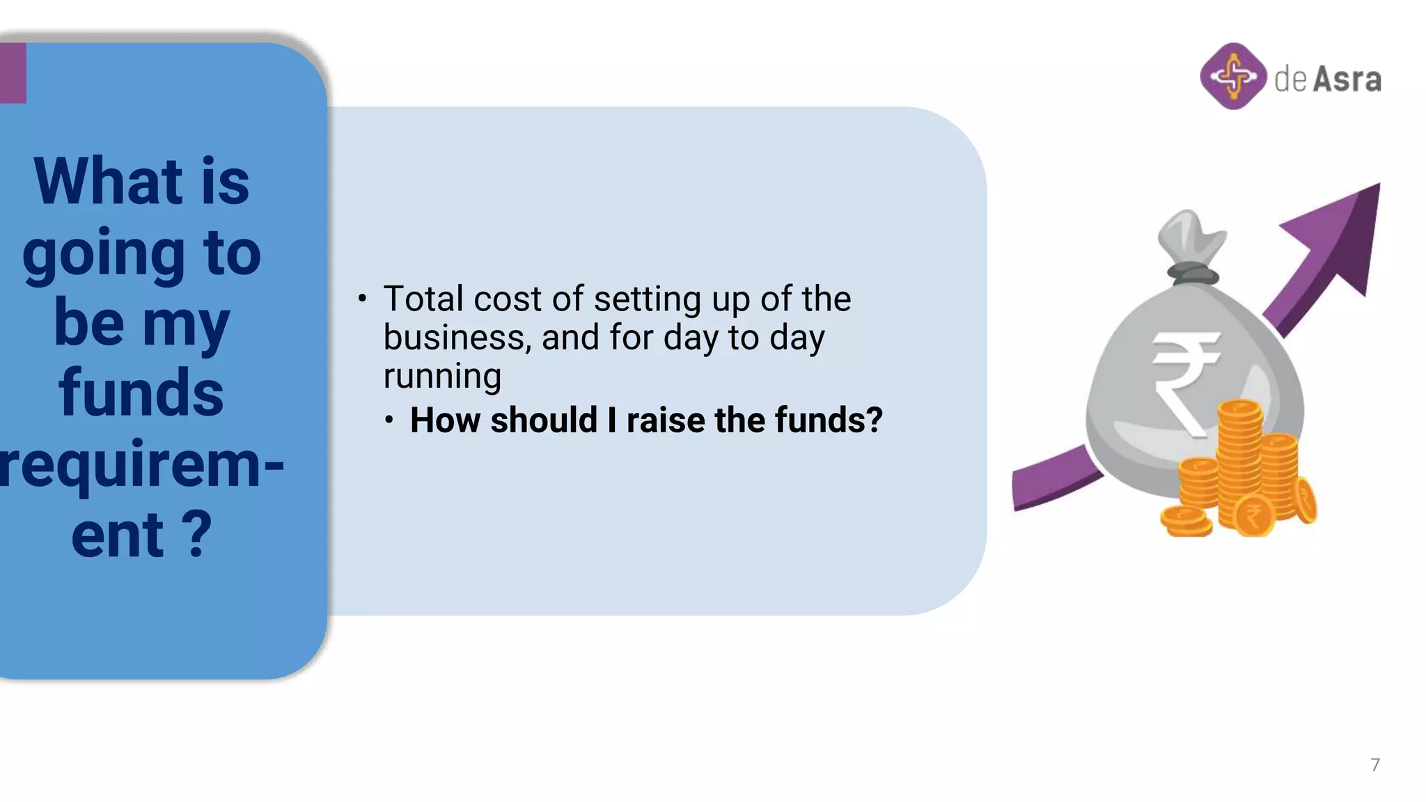 • Total cost of setting up of the
business, and for day to day
running
• How should I raise the funds?
What is
going to
be my
funds
requirem-
ent ?
7
 