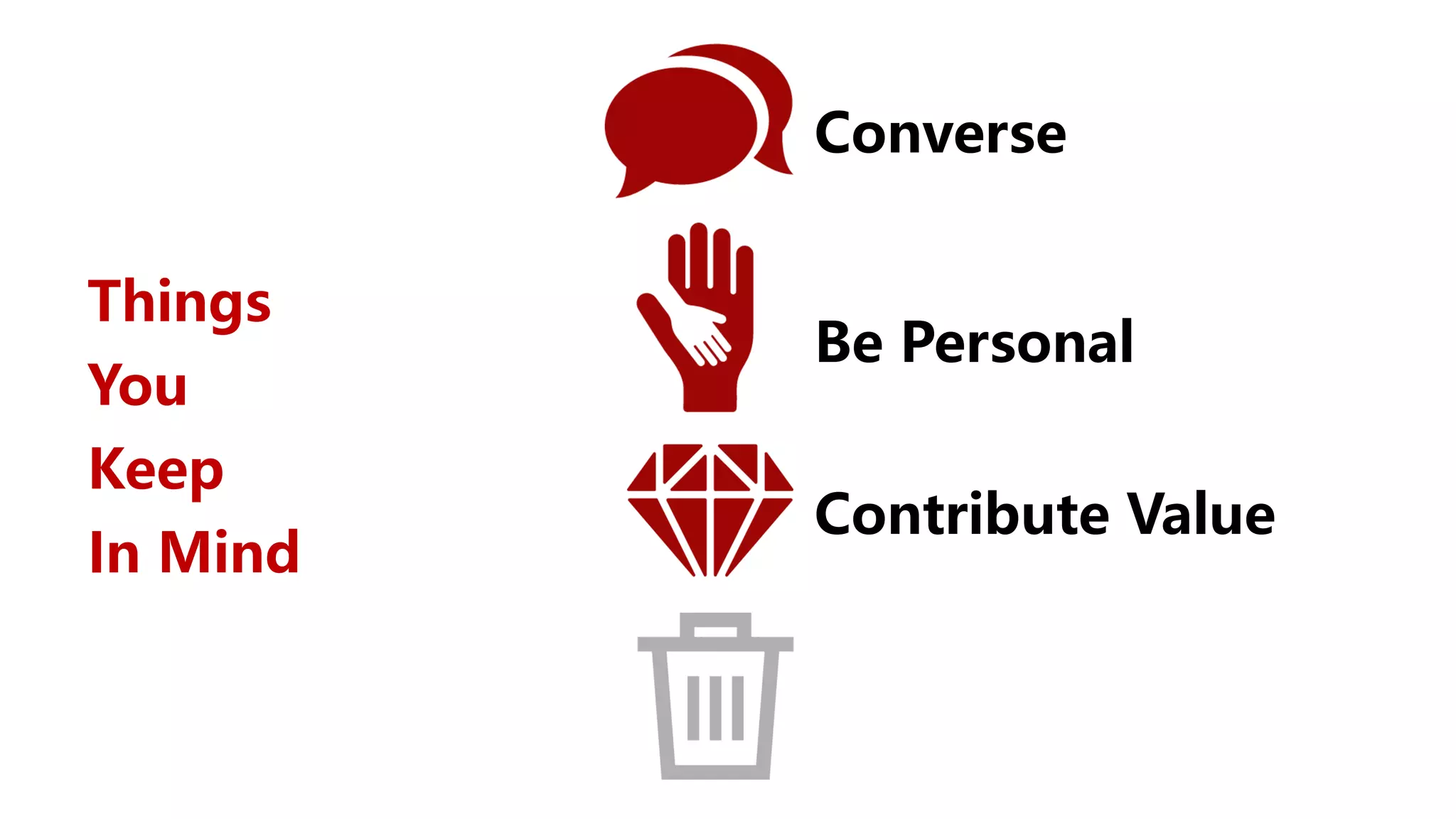 Be Personal
Converse
Contribute Value
Things
You
Keep
In Mind
 
