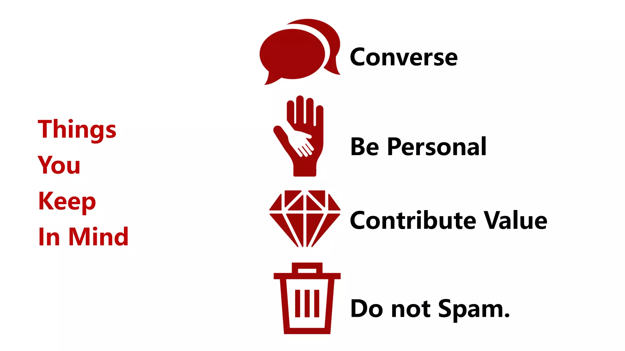 Be Personal
Converse
Contribute Value
Do not Spam.
Things
You
Keep
In Mind
 