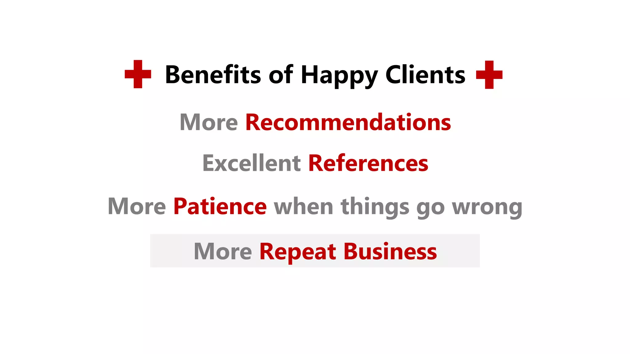 Benefits of Happy Clients
Excellent References
More Recommendations
More Patience when things go wrong
More Repeat Business
 