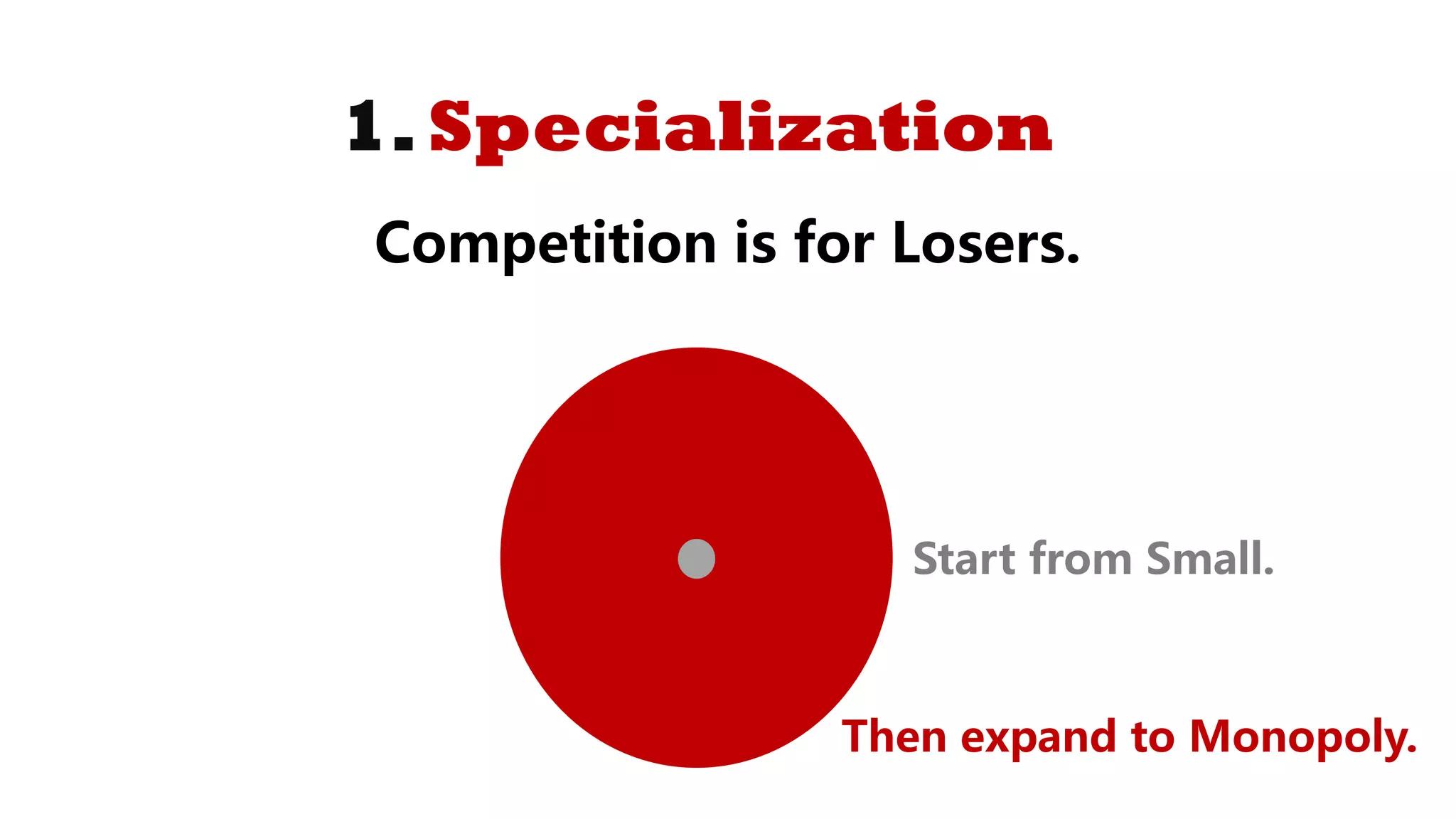 1.Specialization
Competition is for Losers.
Start from Small.
Then expand to Monopoly.
 