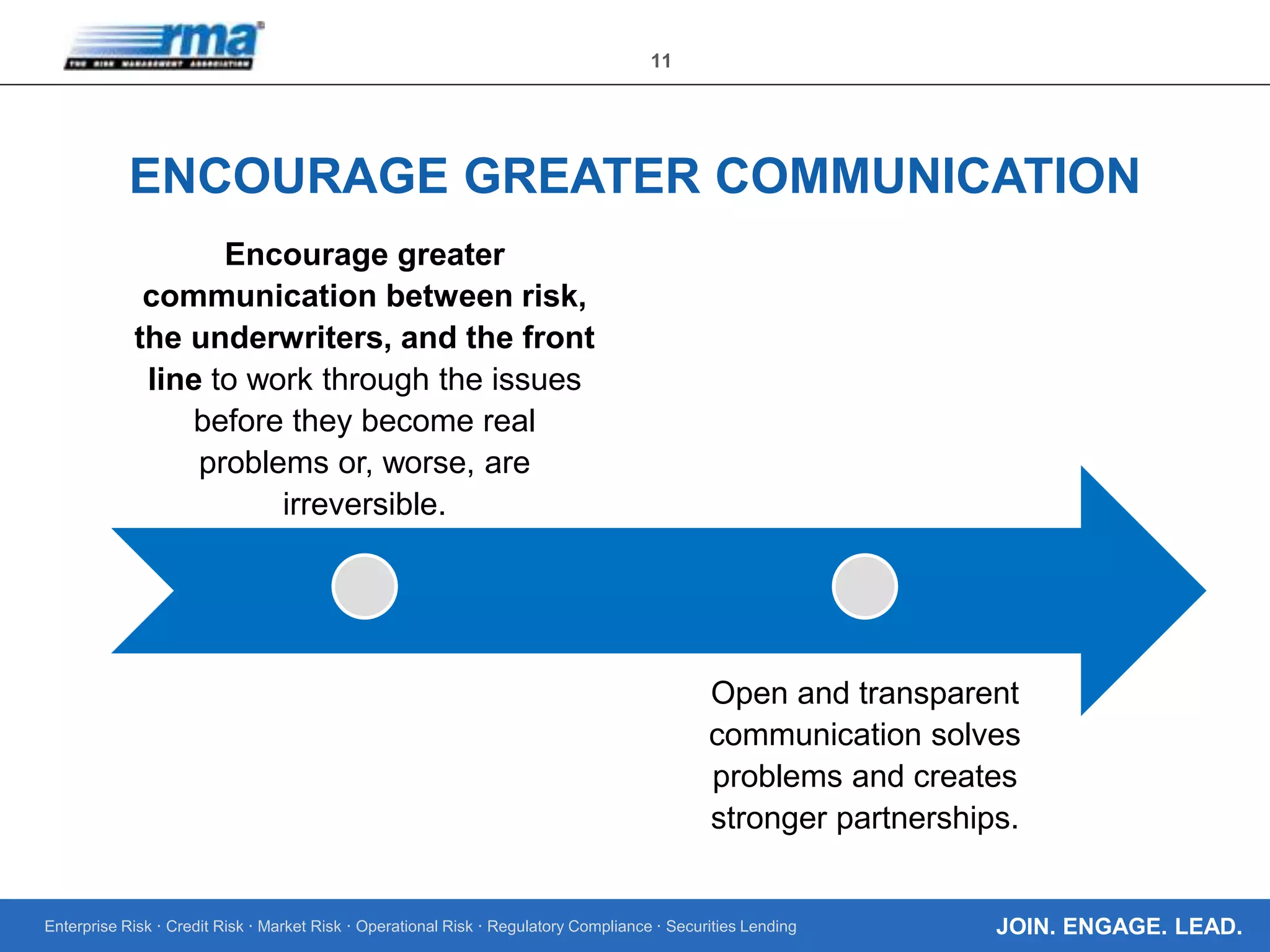 Enterprise Risk · Credit Risk · Market Risk · Operational Risk · Regulatory Compliance · Securities Lending
11
JOIN. ENGAGE. LEAD.
ENCOURAGE GREATER COMMUNICATION
Encourage greater
communication between risk,
the underwriters, and the front
line to work through the issues
before they become real
problems or, worse, are
irreversible.
Open and transparent
communication solves
problems and creates
stronger partnerships.
 
