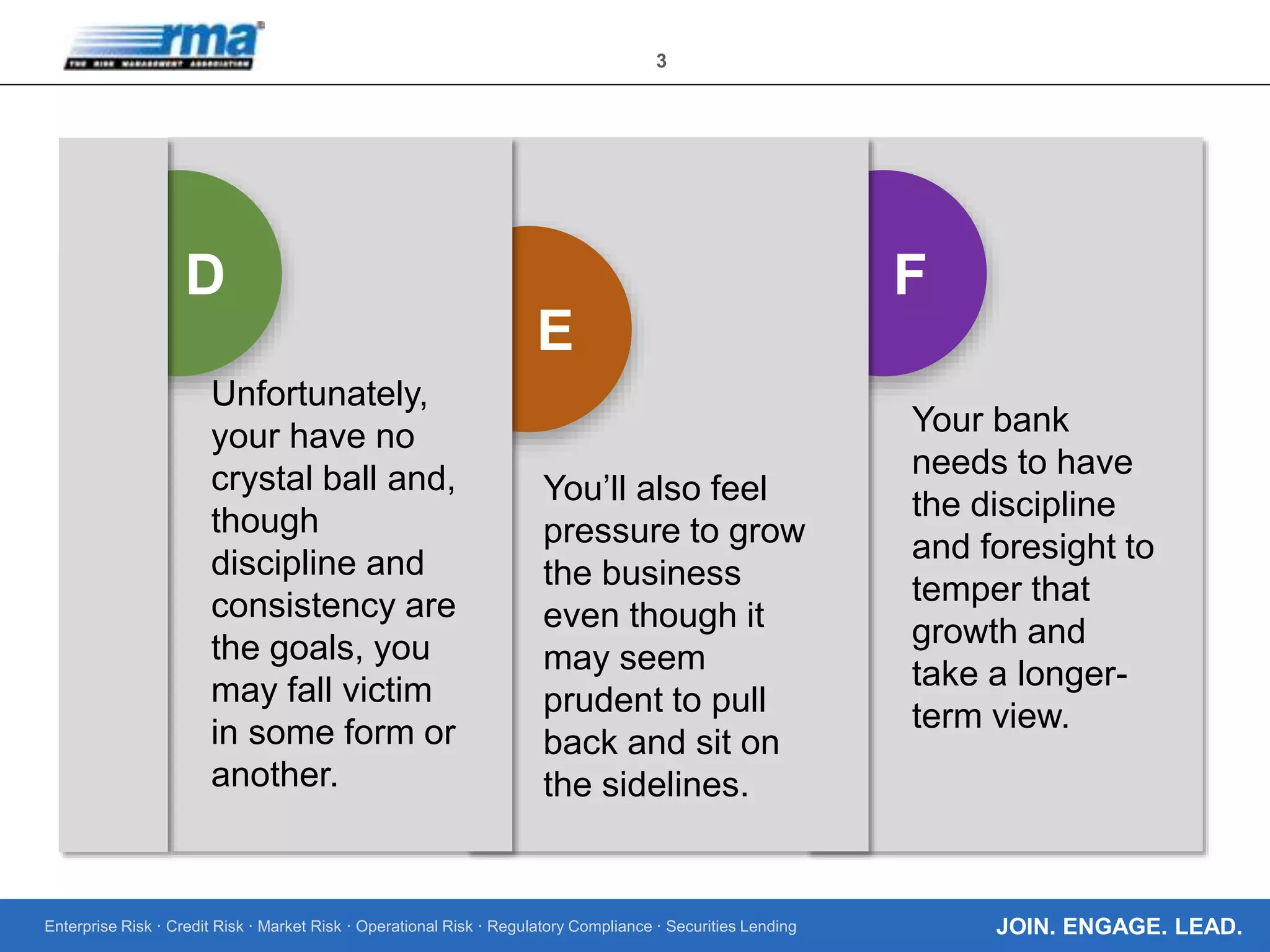 Enterprise Risk · Credit Risk · Market Risk · Operational Risk · Regulatory Compliance · Securities Lending
3
JOIN. ENGAGE. LEAD.
F
E
D
Unfortunately,
your have no
crystal ball and,
though
discipline and
consistency are
the goals, you
may fall victim
in some form or
another.
Your bank
needs to have
the discipline
and foresight to
temper that
growth and
take a longer-
term view.
You’ll also feel
pressure to grow
the business
even though it
may seem
prudent to pull
back and sit on
the sidelines.
 