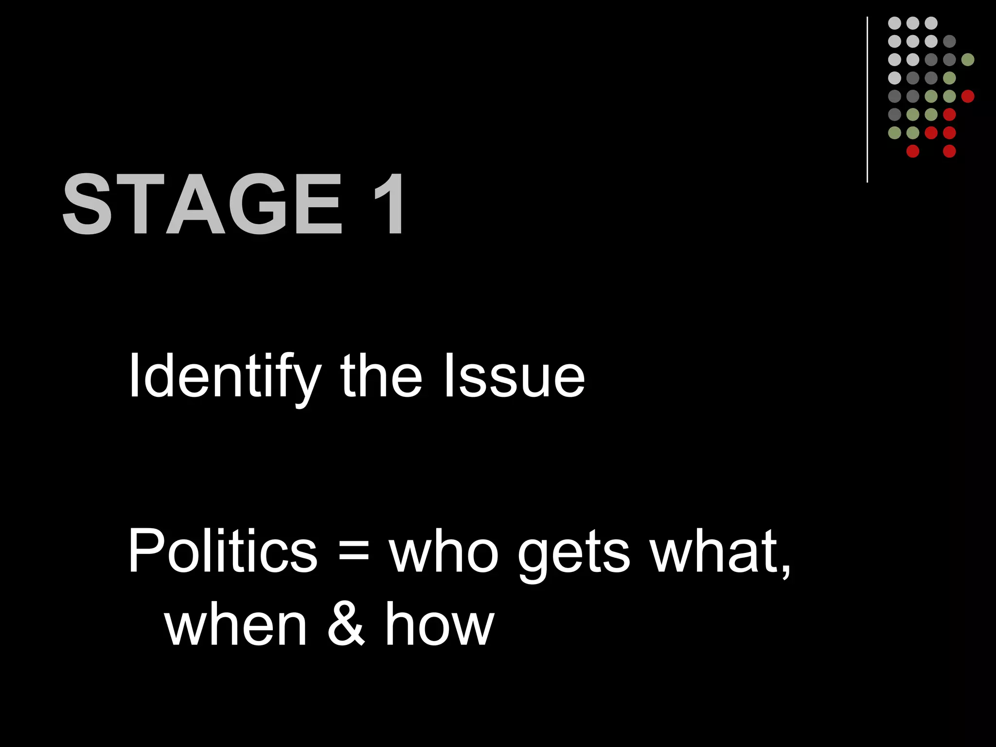 STAGE 1
 Identify the Issue

 Politics = who gets what,
  when & how
 