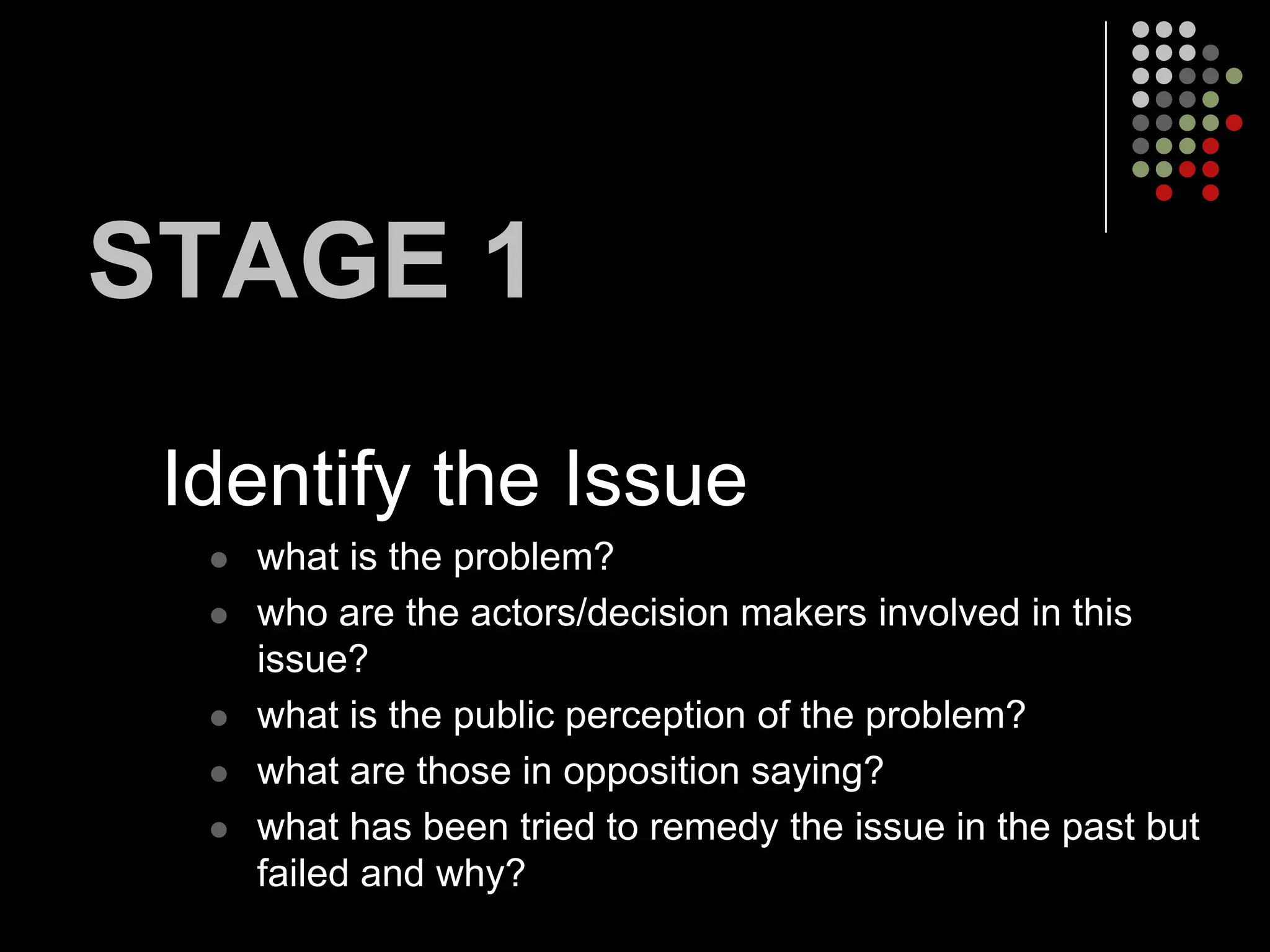 STAGE 1
 Identify the Issue
     what is the problem?
     who are the actors/decision makers involved in this
      issue?
     what is the public perception of the problem?
     what are those in opposition saying?
     what has been tried to remedy the issue in the past but
      failed and why?
 