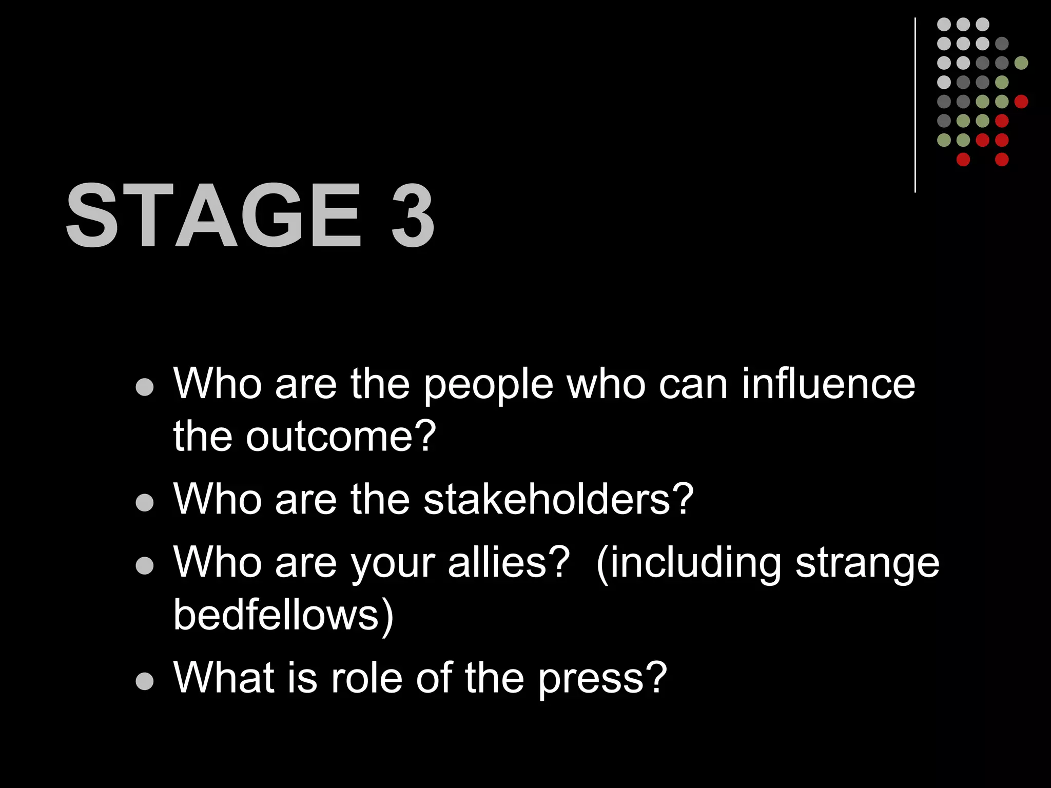 STAGE 3
    Who are the people who can influence
     the outcome?
    Who are the stakeholders?
    Who are your allies? (including strange
     bedfellows)
    What is role of the press?
 