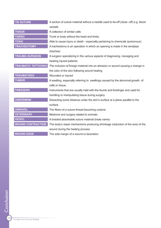 TIE SUTURE                    A section of suture material without a needle used to tie-off (close -off) e.g. blood
                                             vessels
               TISSUE                        A collection of similar cells
               TORSO                         Trunk or body without the head and limbs
               TOXIC                         Able to cause injury or death - especially pertaining to chemicals (poisonous)
               TRACHEOTOMY                   A tracheotomy is an operation in which an opening is made in the windpipe
                                             (trachea)
               TRAUMA SURGEON                A surgeon specializing in the various aspects of diagnosing, managing and
                                             treating injured patients
               TRAUMATIC TATTOOING The inclusion of foreign material into an abrasion or wound causing a change in
                                             the color of the skin following wound healing
               TRAUMATIZED                   Wounded or injured
               TUMOR                         A swelling, especially referring to swellings caused by the abnormal growth of
                                             cells or tissue.
              TWEEZERS                       Instruments that are usually held with the thumb and forefinger and used for
                                             handling or manipulating tissue during surgery
               UNDERMINE                     Dissecting some distance under the skin’s surface at a plane parallel to the
                                             surface
               UNRAVEL                       The fibers of a suture thread becoming undone
               VETERINARY                    Medicine and surgery related to animals
               VICRYL                        A braided absorbable suture material (trade name)
               WOUND CONTRACTION             The body’s repair mechanisms producing shrinkage (reduction of the size) of the
                                             wound during the healing process
               WOUND EDGE                    The side margin of a wound or laceration




              SERRATED
Conclusion




      139    The Apprentice Doctor® E-book
 
