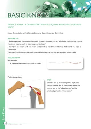 PROJECT ALPHA - A DEMONSTRATION OF A SQUARE KNOT AND A GRANNY
              KNOT

              View a demonstration of the difference between a Square knot and a Granny knot


              INFORMATION
              • Definition – knot: The American Heritage® Dictionary defines a knot as: “A fastening made by tying together
                lengths of material, such as rope, in a prescribed way.”
              • Description of a square knot: The square knot consists of two “throws” or turns of the two ends of a piece of
                string/rope.
              • A thorough understanding of knots is essential before you can proceed with acquiring suturing skills.


              REQUIREMENTS
              You will need:
              • The colored and white string (included in the kit)




              Follow these steps:
                                                                           STEP 1
                                                                           Color the one tip of the string with a bright color
                                                                           using a color ink pen. In the text I will refer to the
                                                                           colored part as the “colored section” and the
                                                                           uncolored part as the “white section”.
Basic Knots




        25    The Apprentice Doctor® E-book
 