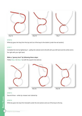 Step 6a                                 Step 6b                                 Step 7


               STEP 6
               White tip goes into loop from the top and out of the loop to the bottom (under the red section).


               STEP 7
               Complete the knot by tightening it – pulling the colored end to the left with your left hand and the white end to
               the right with your right hand.


               Make a “granny knot” by following these steps:
               Follow Step 2 to Step 4 as with the square knot (above)




                  Step 5                                 Step 6a                                 Step 6b


               STEP 5
               Second throw – white tip crosses over colored tip.
Basic Knots




               STEP 6
               White tip goes into loop from beneath (under the red section) and out of the loop to the top.




        27    The Apprentice Doctor® E-book
 